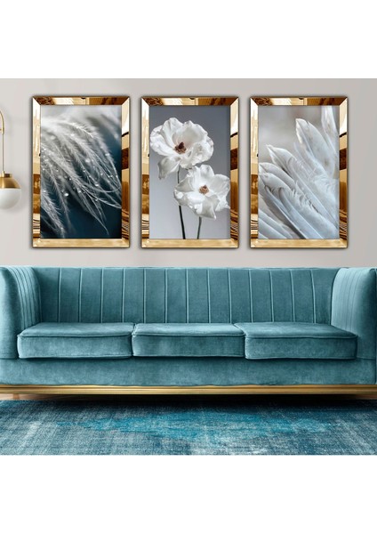 Gold Aynalı Pleksi Çerçeveli Üçlü Kolaj Çizim Üçlü Mdf Tablo Seti