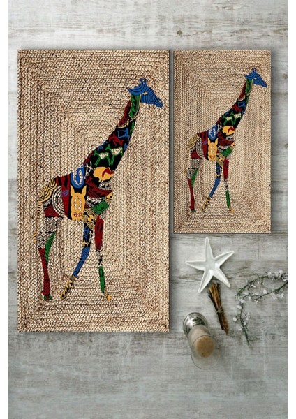 Renkli Zürafa Desenli Jüt 2'li Halı Takımı (60X100/40X60) - ESTA1228