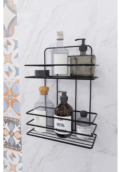 Paslanmaz Duvara Yapışkanlı 2 Katlı Banyo Şampuanlık Siyah Metal