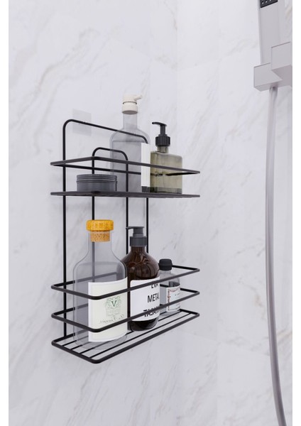 Paslanmaz Duvara Yapışkanlı 2 Katlı Banyo Şampuanlık Siyah Metal fiyatları
