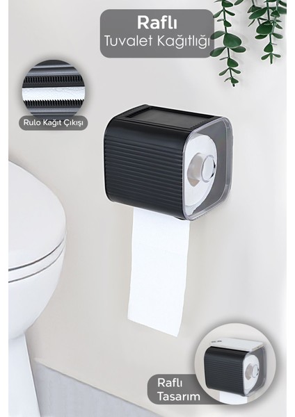 Pratik Siyah Kapalı Tuvalet Kağıtlığı, Raflı, Şık ve Dayanıklı Plastik Tasarım