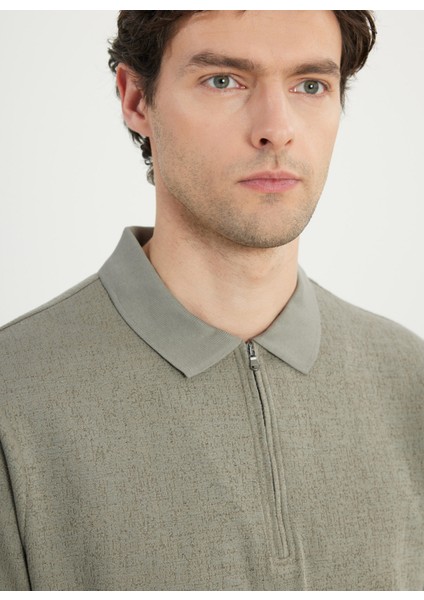 Fermuarlı Yaka Jakarlı Haki Erkek T-Shirt ACE091252339_HAK fırsatları