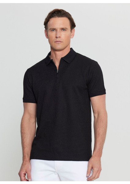 Fermuarlı Yaka Jakarlı Siyah Erkek T-Shirt ACE091252339_SYH
