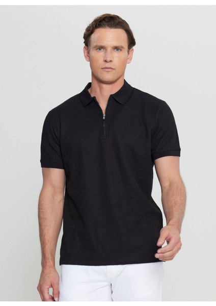 Fermuarlı Yaka Jakarlı Siyah Erkek T-Shirt ACE091252339_SYH modelleri