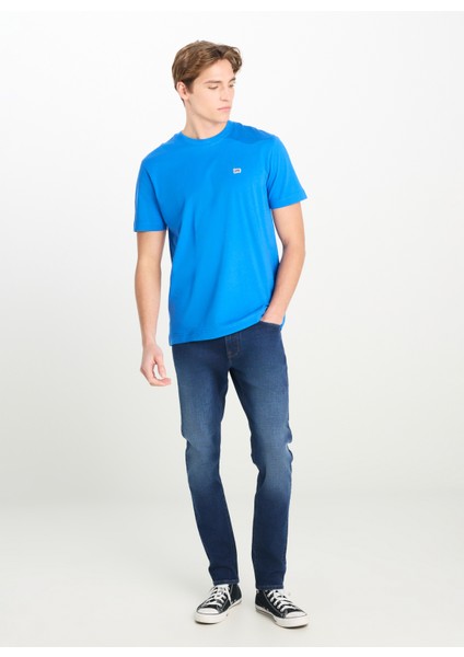 Bisiklet Yaka Saks Erkek T-Shirt ML60UFQA13 Regular Fit Patch Logo