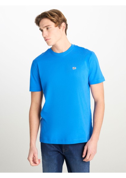 Bisiklet Yaka Saks Erkek T-Shirt ML60UFQA13 Regular Fit Patch Logo fiyatları