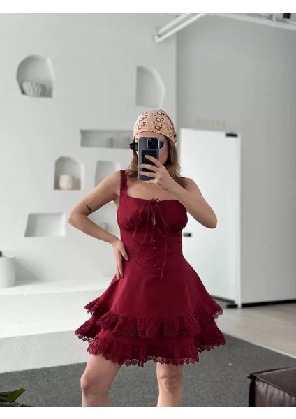 Fırfırlı Askılı Mini Elbise - Bordo