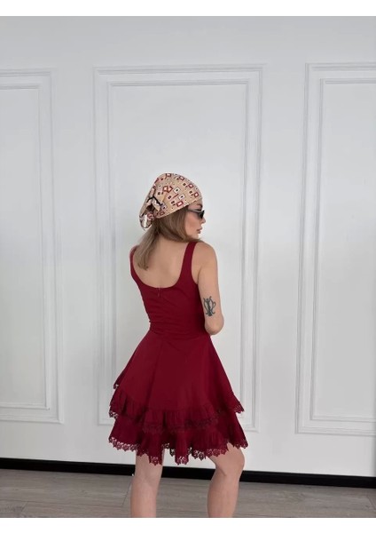 Fırfırlı Askılı Mini Elbise - Bordo