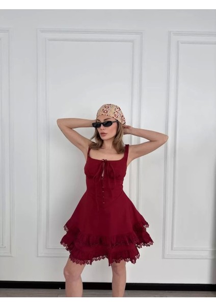Fırfırlı Askılı Mini Elbise - Bordo