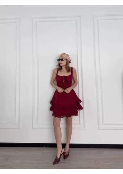 Fırfırlı Askılı Mini Elbise - Bordo