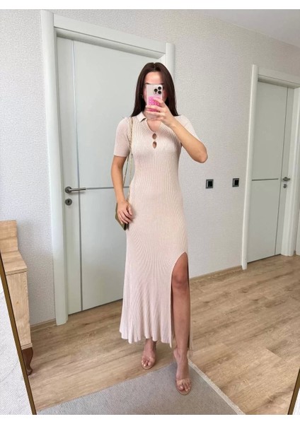 Yakalı Fitilli Kısa Kollu Uzun Triko Elbise - Kırık Beyaz