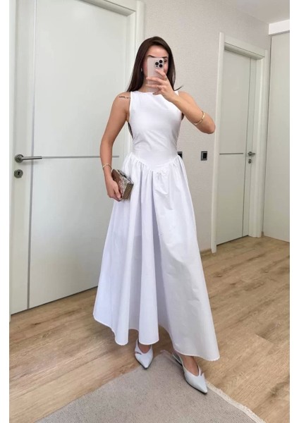 Sifir Kol Beli Oturtmalı Kolsuz Uzun Elbise - Beyaz