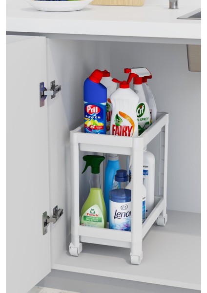 2 Katlı Beyaz Tekerlekli Düzenleyici, Banyo Rafı, Mutfak Tezgah ve Evye Altı, Deterjanlık Raf