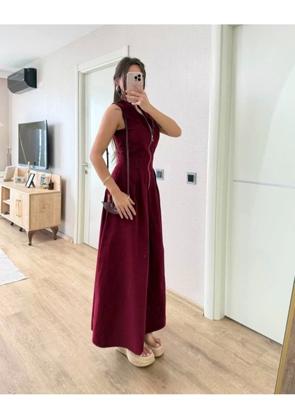 Dik Yuvarlak Yaka Önden Fermuarlı Sifir Kol Beli Oturtmalı Kolsuz Cepli Çan Etekli Uzun Elbise - Bordo