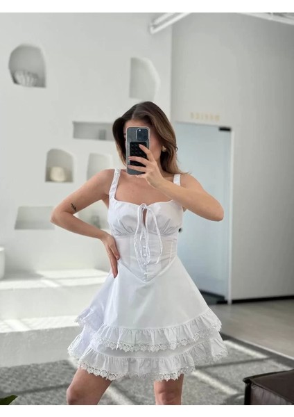 Fırfırlı Askılı Mini Elbise - Beyaz