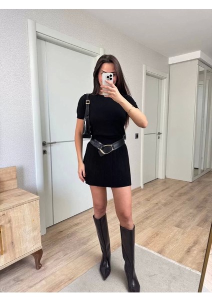Kısa Kollu Bluz Mini Etekli Ikili Takım Triko - Siyah