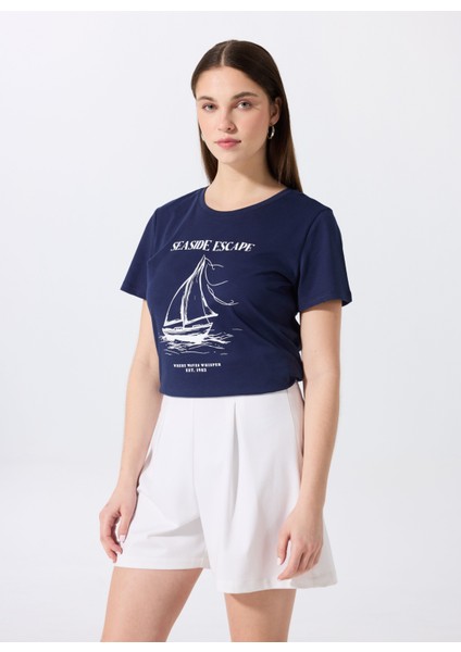 Bisiklet Yaka Baskılı Lacivert Kadın T-Shirt F5SL-TST0446