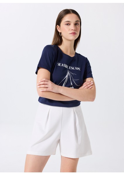 Bisiklet Yaka Baskılı Lacivert Kadın T-Shirt F5SL-TST0446 modelleri