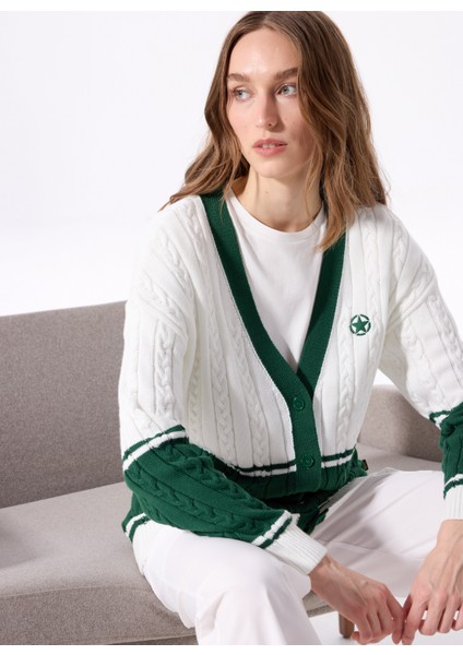 Koyu Yeşil - Beyaz Kadın Hırka J5SL-HRK7048