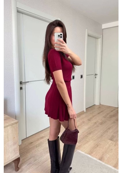 Kısa Kollu Bluz Mini Etekli Ikili Takım Triko - Bordo