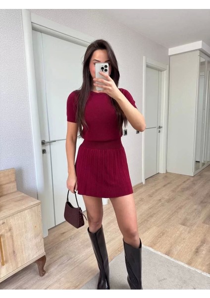 Kısa Kollu Bluz Mini Etekli Ikili Takım Triko - Bordo