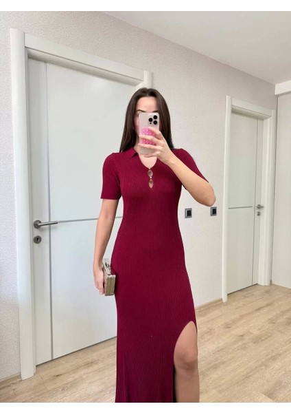 Yakalı Fitilli Kısa Kollu Uzun Triko Elbise - Bordo