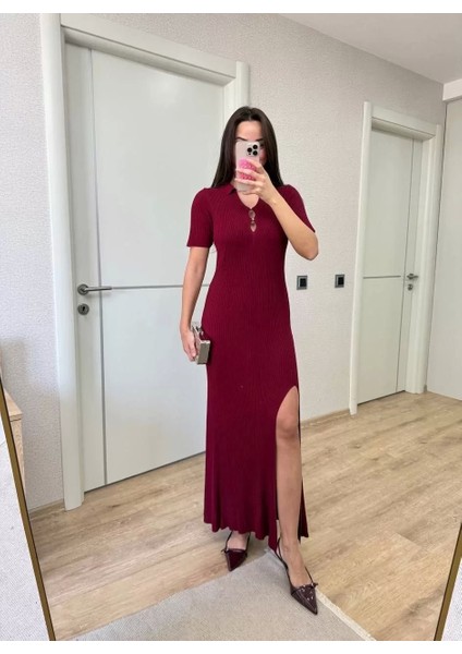 Yakalı Fitilli Kısa Kollu Uzun Triko Elbise - Bordo