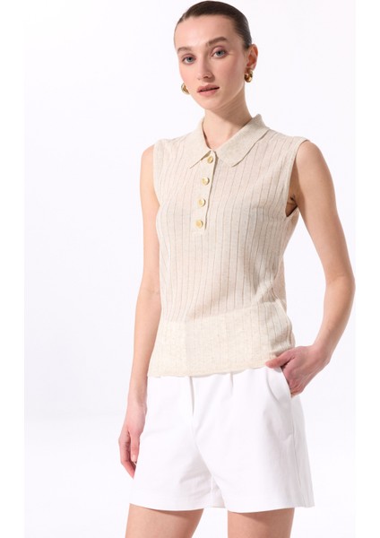 Polo Yaka Düz Örgü Desenli Bej Kadın Bluz F5SL-BLZ0423