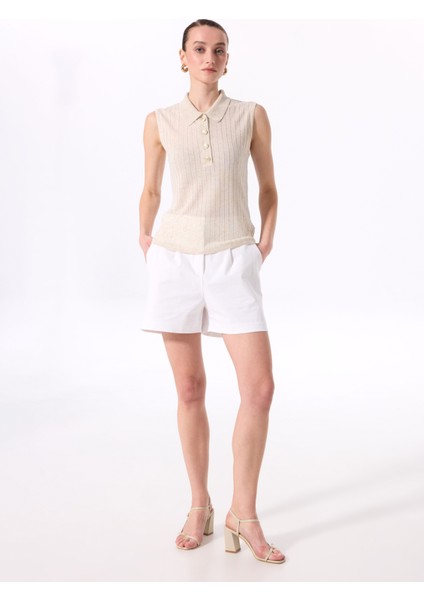 Polo Yaka Düz Örgü Desenli Bej Kadın Bluz F5SL-BLZ0423 fiyatları