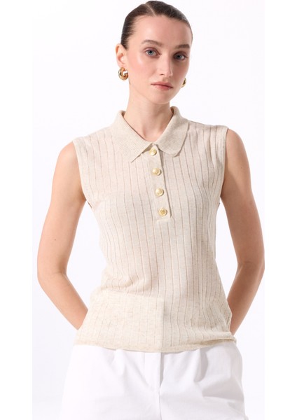 Polo Yaka Düz Örgü Desenli Bej Kadın Bluz F5SL-BLZ0423 modelleri