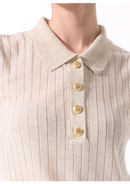 Polo Yaka Düz Örgü Desenli Bej Kadın Bluz F5SL-BLZ0423 fırsatları