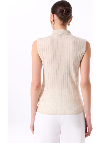 Polo Yaka Düz Örgü Desenli Bej Kadın Bluz F5SL-BLZ0423 indirimleri