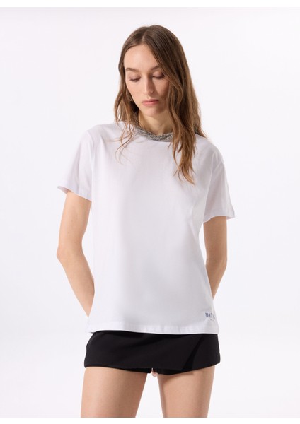 Bisiklet Yaka Baskılı Beyaz Kadın T-Shirt M5SL-TST1830 modelleri