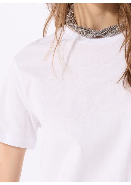 Bisiklet Yaka Baskılı Beyaz Kadın T-Shirt M5SL-TST1830 fırsatları