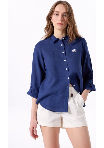 Lacivert Kadın Relaxed %100 Keten Gömlek J5SL-GML7158