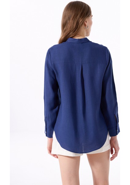 Lacivert Kadın Relaxed %100 Keten Gömlek J5SL-GML7158