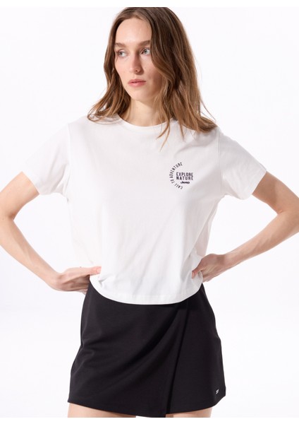 Bisiklet Yaka Baskılı Kırık Beyaz Kadın T-Shirt J5SL-TST7886