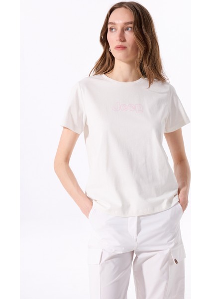 Bisiklet Yaka Baskılı Kırık Beyaz Kadın T-Shirt J5SL-TST7009