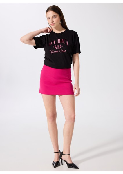 Bisiklet Yaka Baskılı Siyah Kadın T-Shirt F5SL-TST0459 modelleri