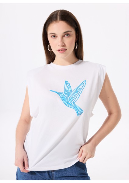 Bisiklet Yaka Baskılı Kırık Beyaz Kadın T-Shirt F5SL-TST0372