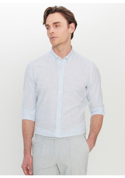 Slim Fit Düğmeli Yaka Mavi Erkek Gömlek ACE020252168_MAV