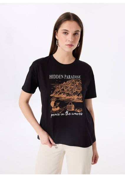 Bisiklet Yaka Baskılı Siyah Kadın T-Shirt F5SL-TST0463