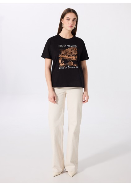 Bisiklet Yaka Baskılı Siyah Kadın T-Shirt F5SL-TST0463
