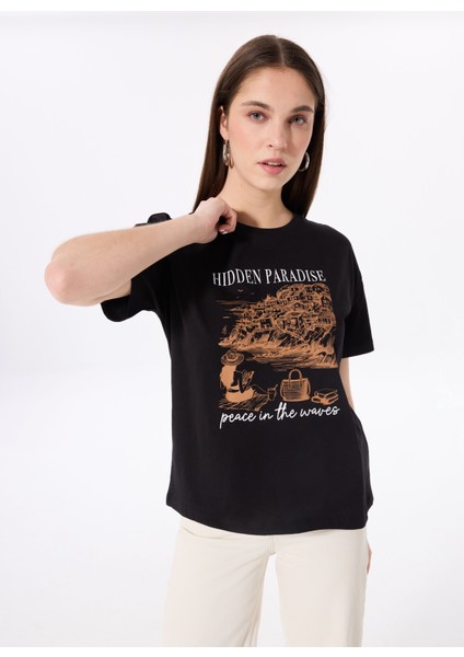 Bisiklet Yaka Baskılı Siyah Kadın T-Shirt F5SL-TST0463