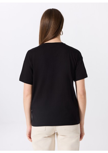 Bisiklet Yaka Baskılı Siyah Kadın T-Shirt F5SL-TST0463