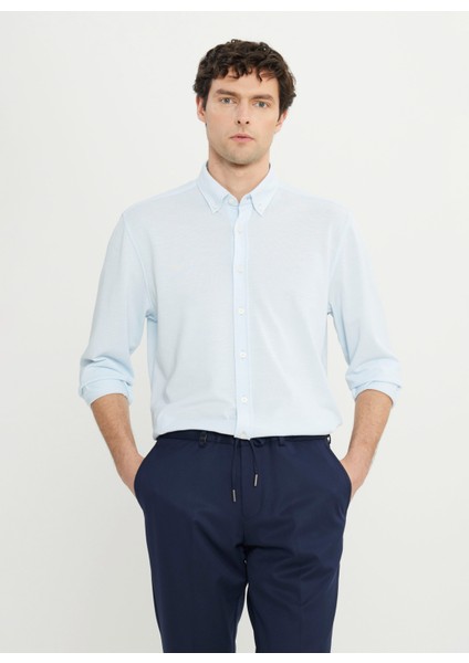 Slim Fit Düğmeli Yaka Mavi Erkek Gömlek ACE020252157_MAV