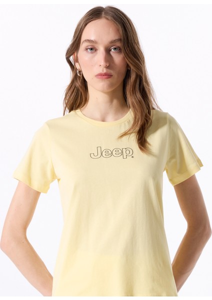Bisiklet Yaka Baskılı Sarı Kadın T-Shirt J5SL-TST7009