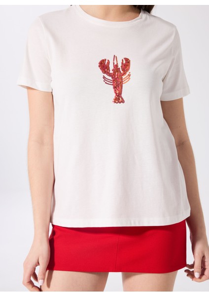 Kırık Beyaz Kadın Relaxed Payetli T-Shirt F5SL-TST0385 fırsatları