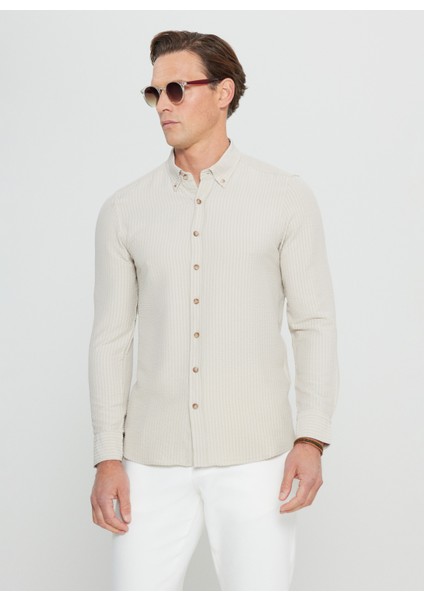 Slim Fit Düğmeli Yaka Bej Erkek Gömlek ACE020252171_BEJ