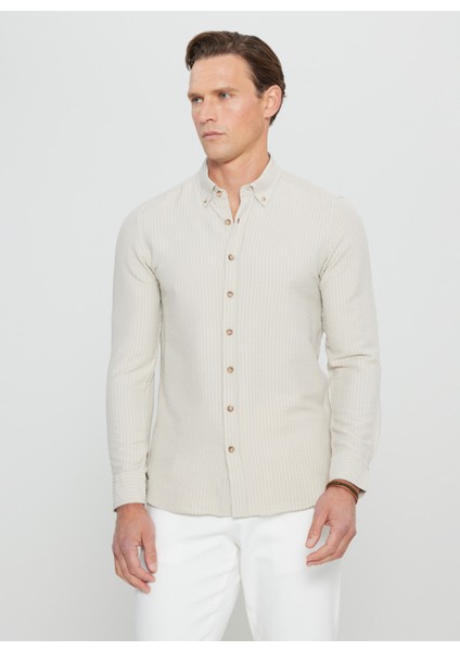 Slim Fit Düğmeli Yaka Bej Erkek Gömlek ACE020252171_BEJ modelleri